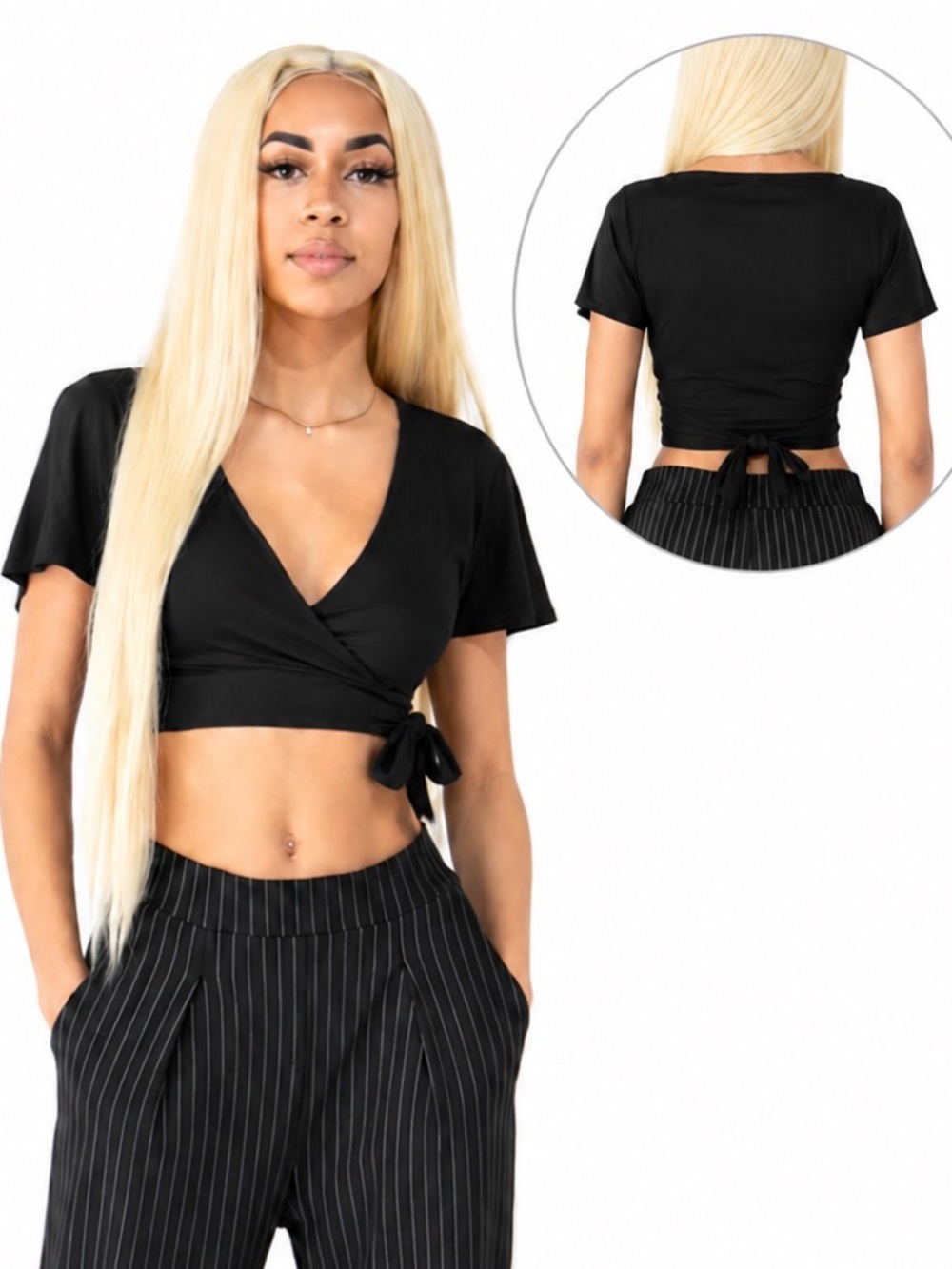 Black Wrap Crop Top with Short Sleeves